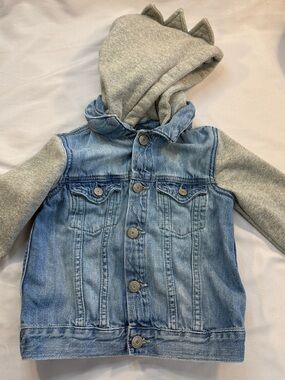 GAP Light Blue Denim Jacket with Gray Hood and Sleeves